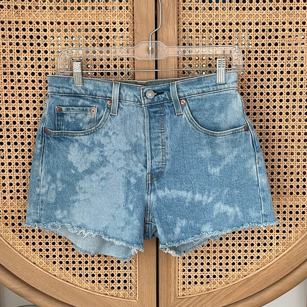 Levi 501 high-rise distressed denim jean shorts